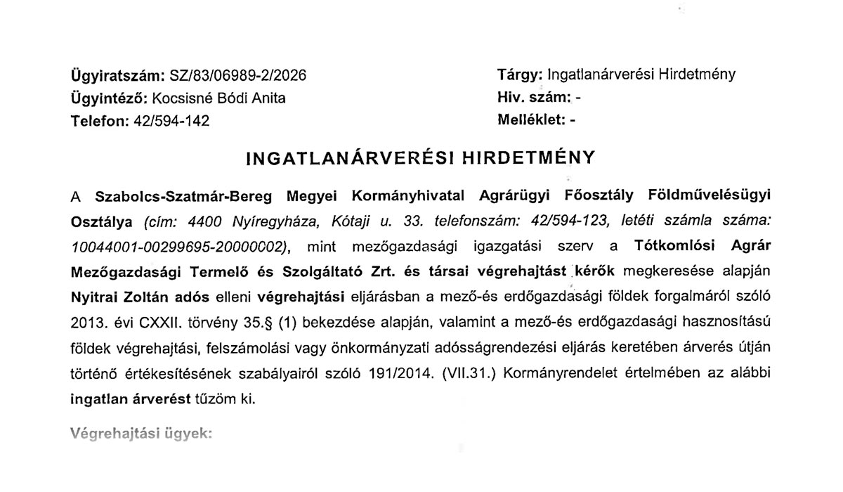 06989 számú Ingatlanárverési Hirdetmény